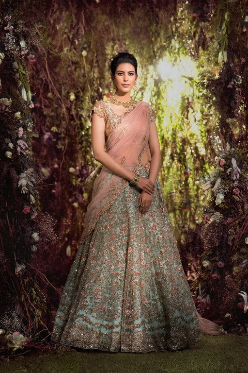 Heavy embroidered sky blue wedding bridal lehenga