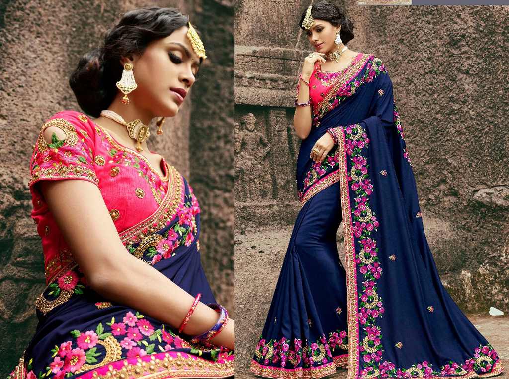 Heavy fancy embroidered moss chiffon wedding saree