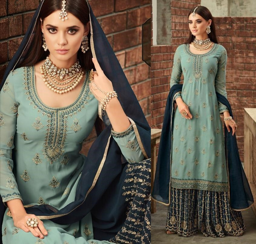 heavy faux georgette embroidered plazzo salwar suit