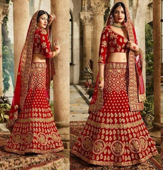 Heavy red banglori silk embroidered bridal lehenga
