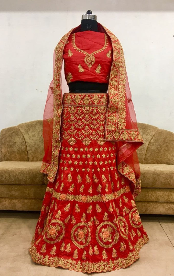 Heavy red banglori silk embroidered bridal lehenga