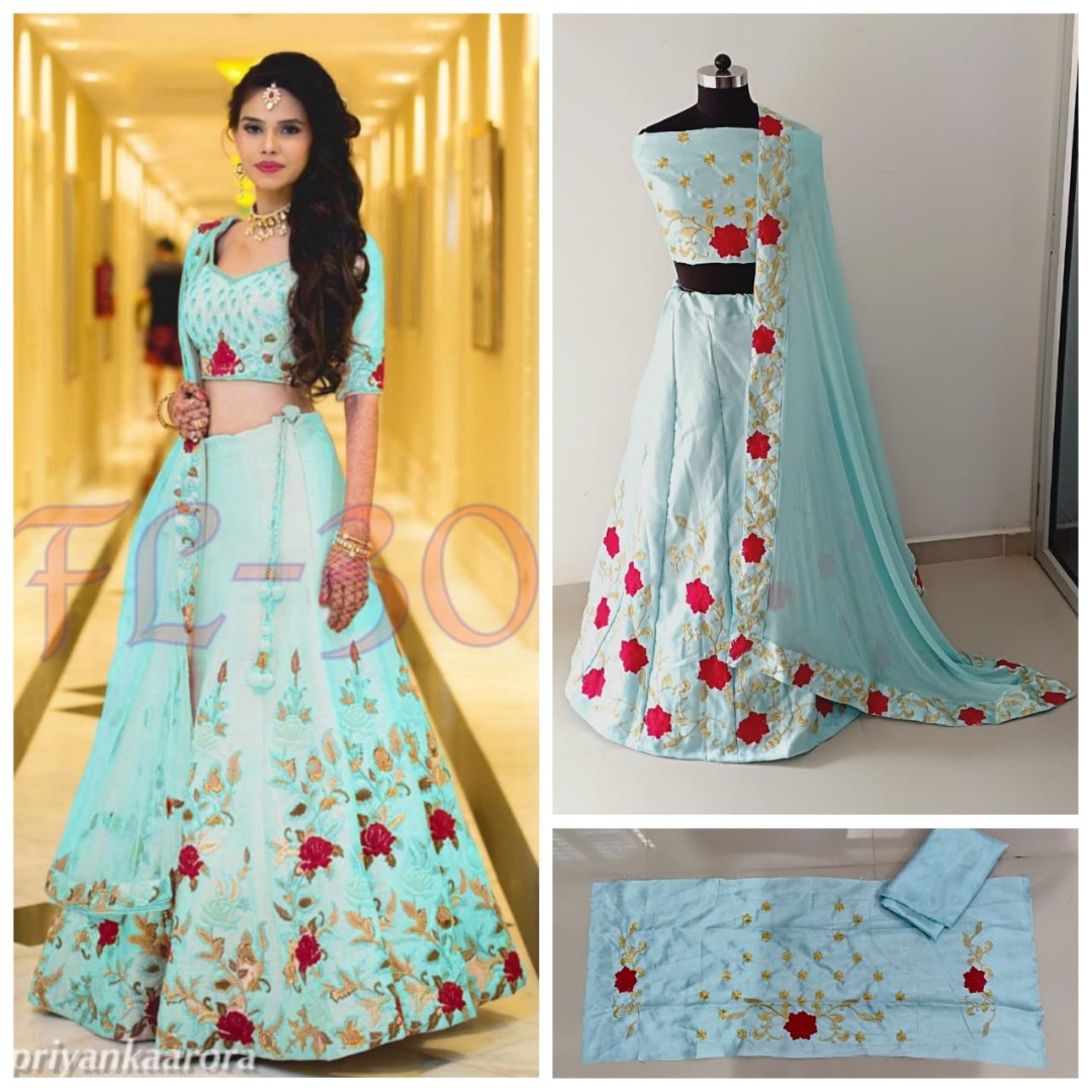 heavy satin banglori silk floral embroidered wedding lehenga