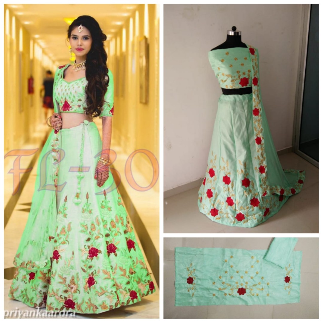 heavy satin banglori silk floral embroidered wedding lehenga