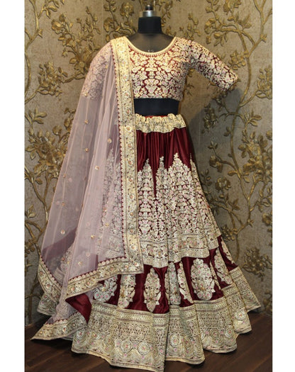 Hevy embroidered maroon bridal lehenga