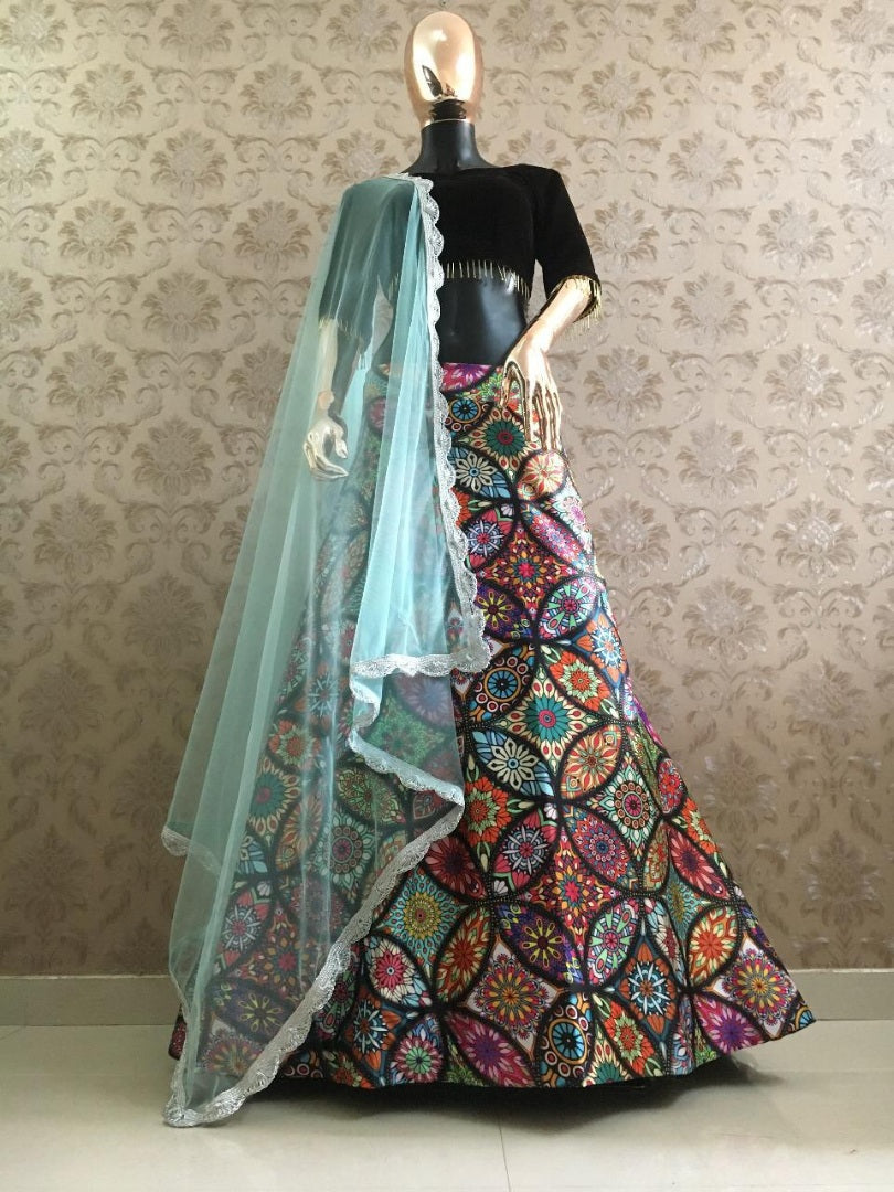 Kalamkari multicolor printed zari satin lehenga choli