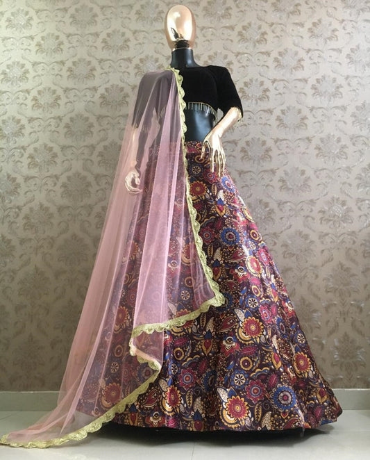 Kalamkari printed zari satin lehenga choli