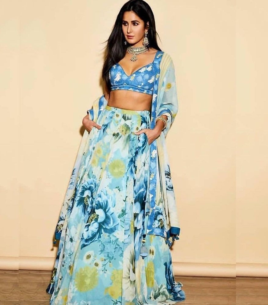 katrina kaif stylist sky blue floral digital printed festival lehenga choli