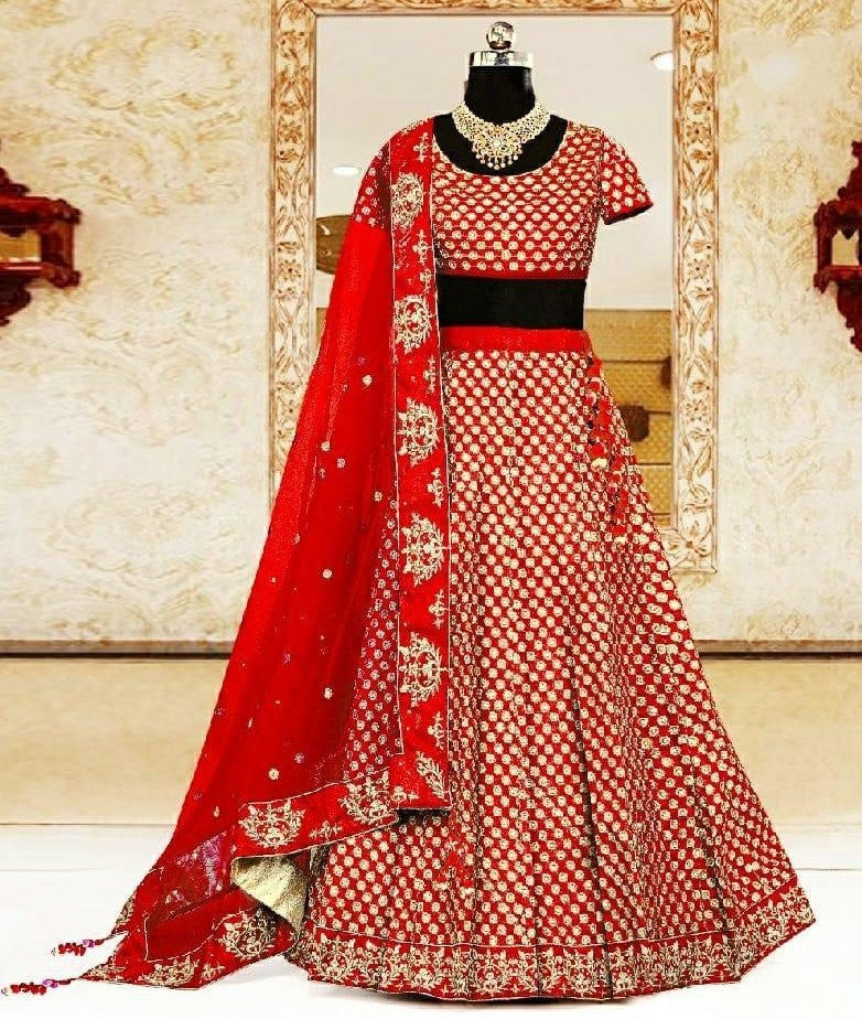 kerala satin heavy embroidered wedding lehenga