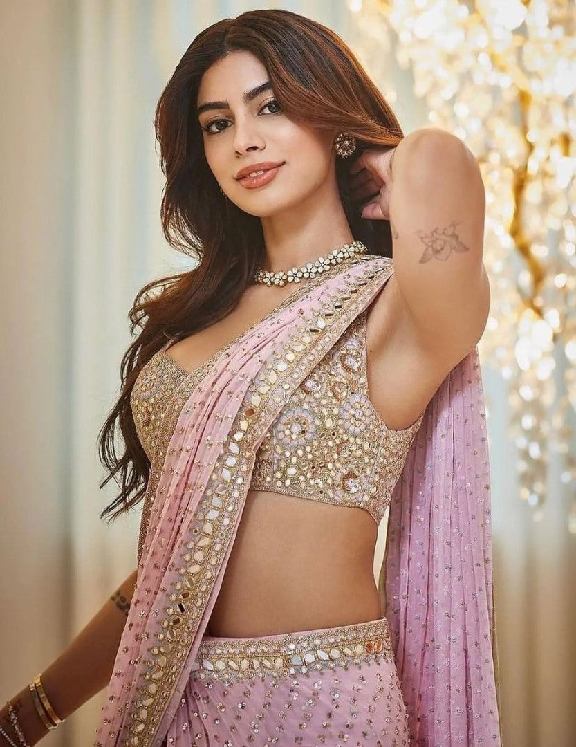 Khushi kapoor pink georgette sequence mirror work designer bollywood saree