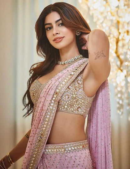 Khushi kapoor pink georgette sequence mirror work designer bollywood saree