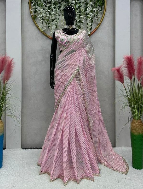 Khushi kapoor pink georgette sequence mirror work designer bollywood saree