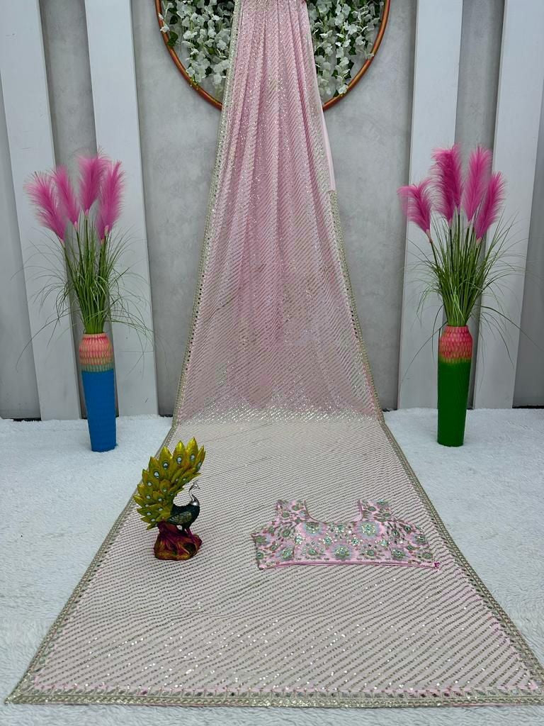 Khushi kapoor pink georgette sequence mirror work designer bollywood saree