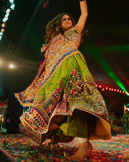 Kinjal dave green gujarati garba navratri lehenga chaniya choli