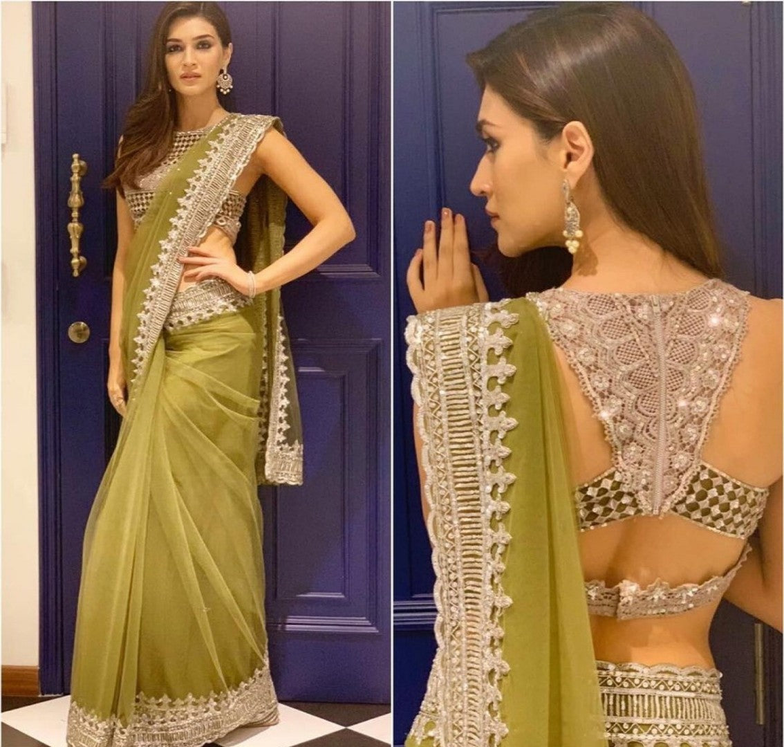 kriti sanon pista green thread and sequence work saree with designer blouse