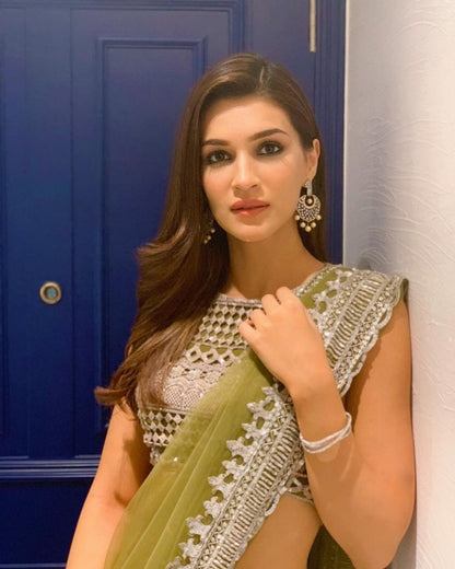 kriti sanon pista green thread and sequence work saree with designer blouse
