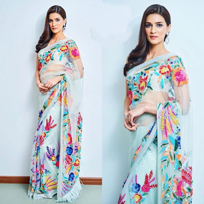 kriti sanon sky pure mono net multicolor embroidered designer saree
