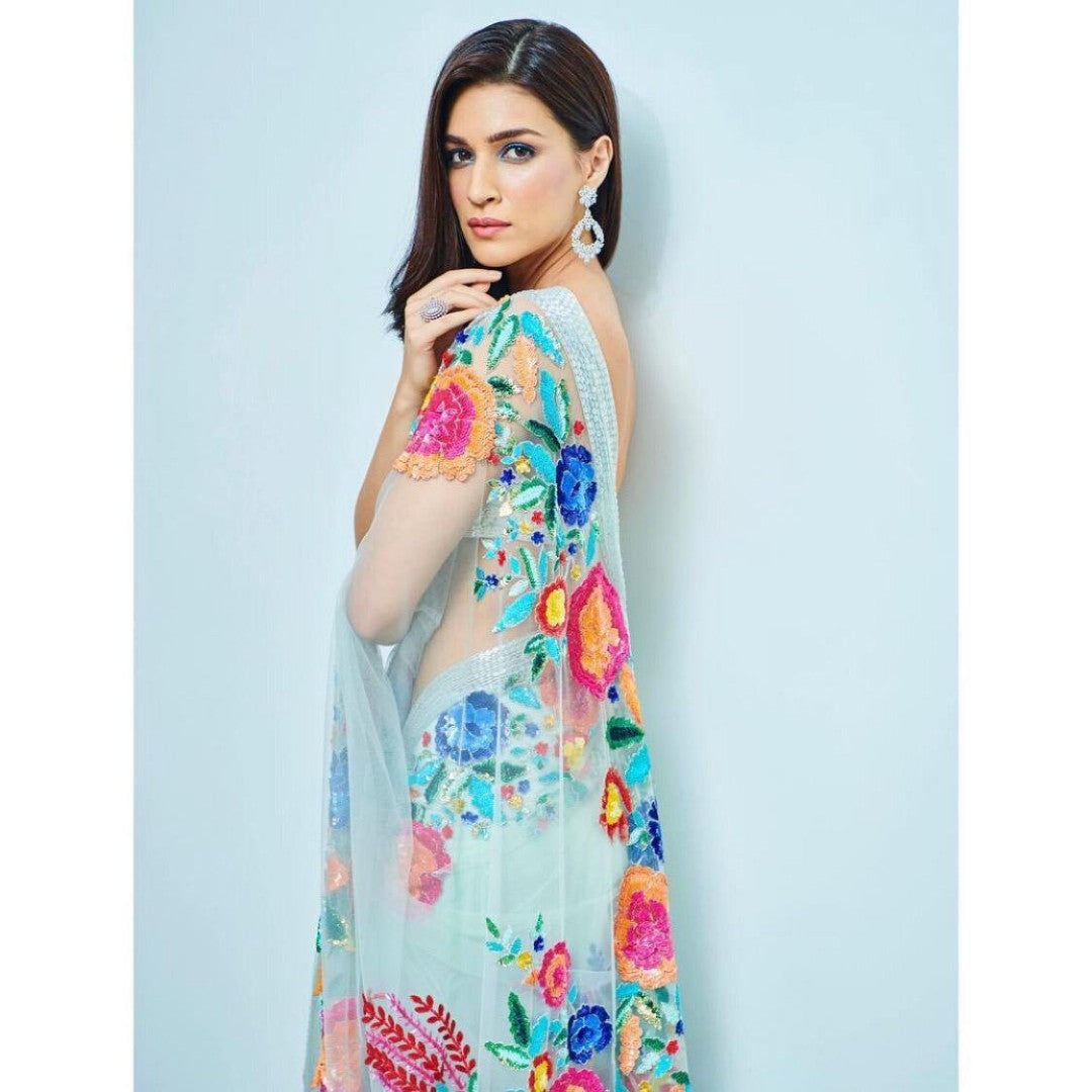 kriti sanon sky pure mono net multicolor embroidered designer saree