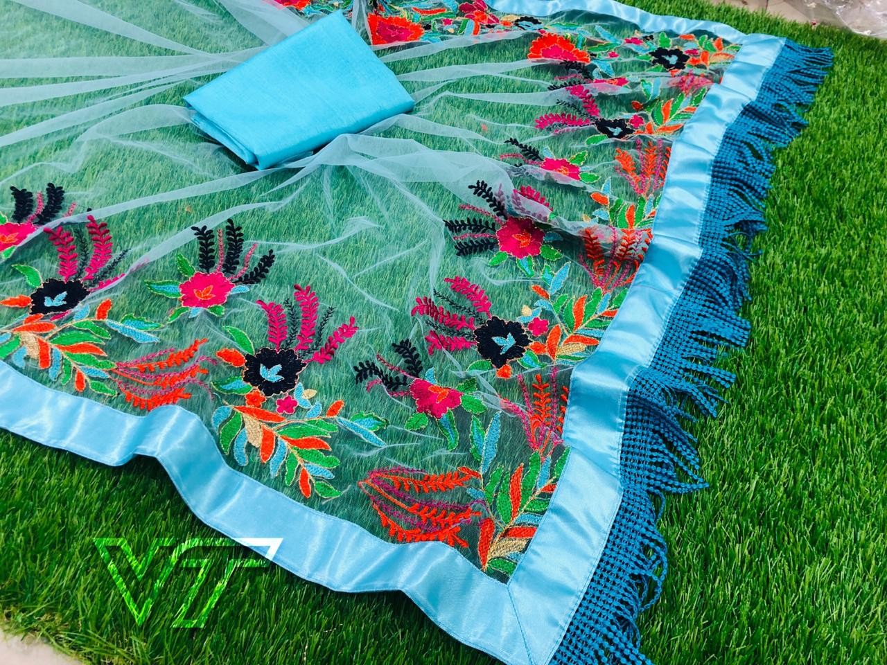 kriti sanon sky pure mono net multicolor embroidered designer saree