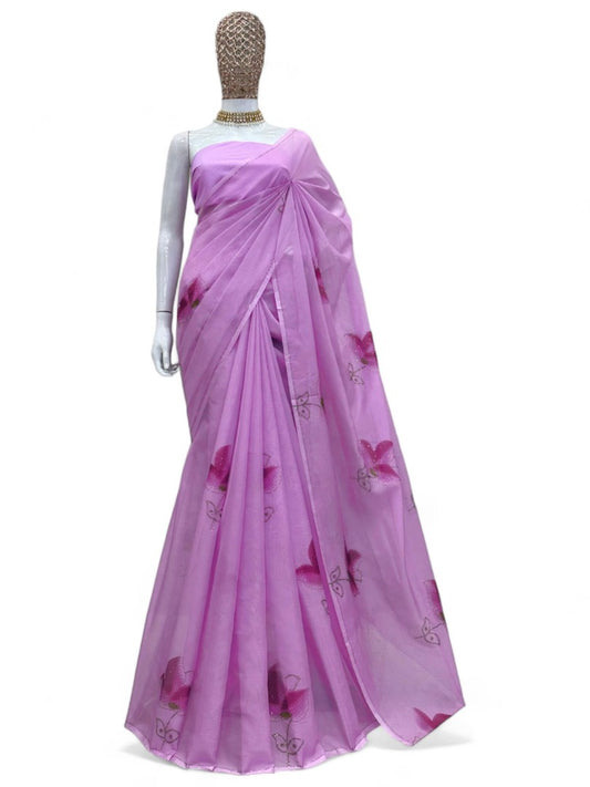 Lavender organza floral print saree