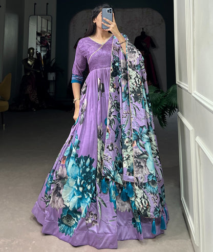 Tussar silk floral printed long stylish gown Lavender Free Size
