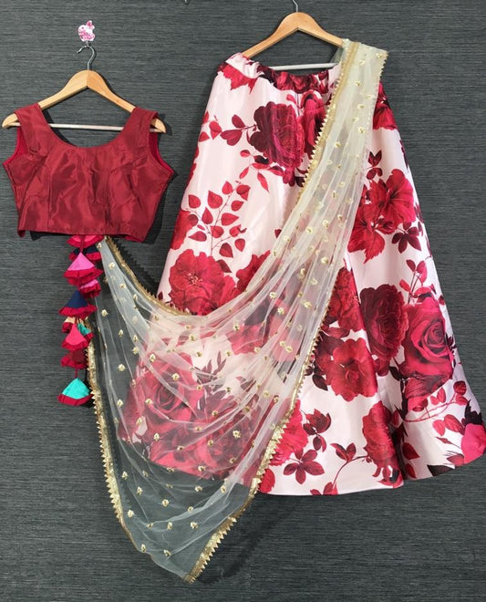 Light baby pink big rose digital printed crop top lehenga