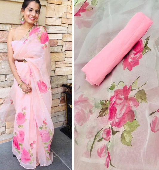 Light baby pink floral printed organza saree