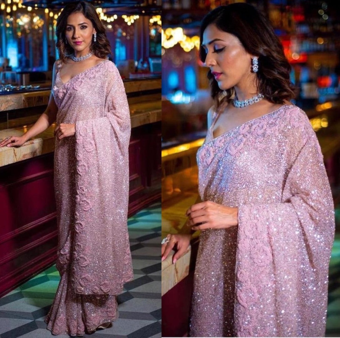 Light baby pink georgette sequence work designer saree