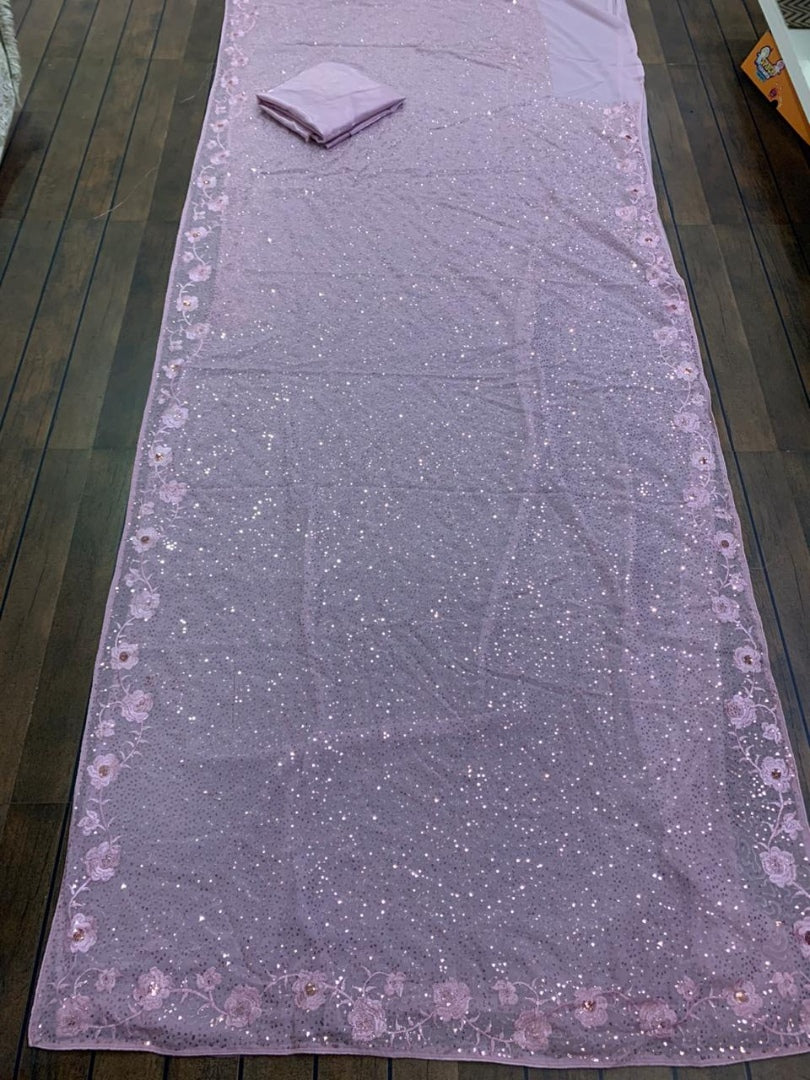 Light baby pink georgette sequence work designer saree