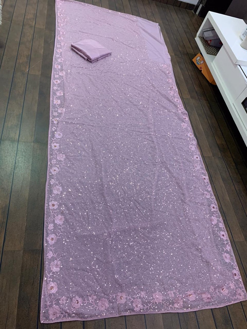 Light baby pink georgette sequence work designer saree