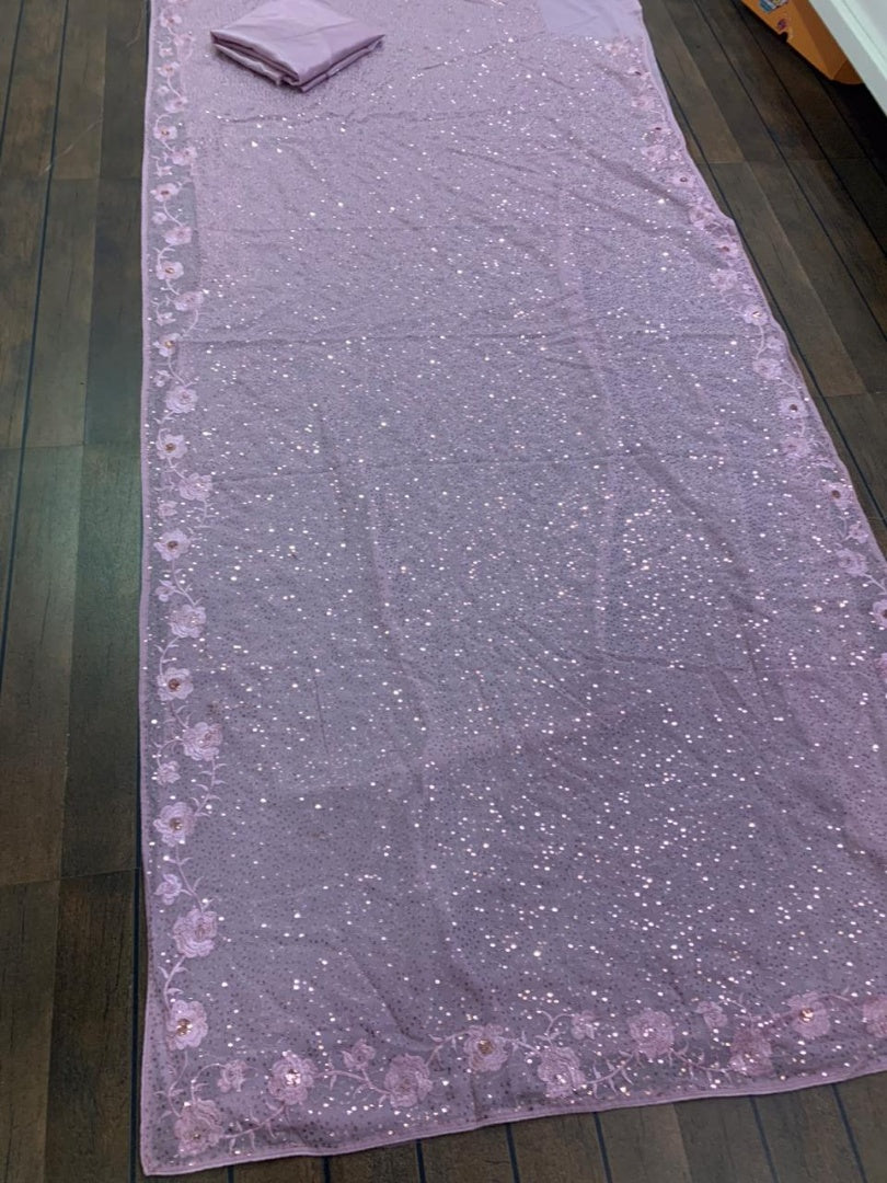 Light baby pink georgette sequence work designer saree