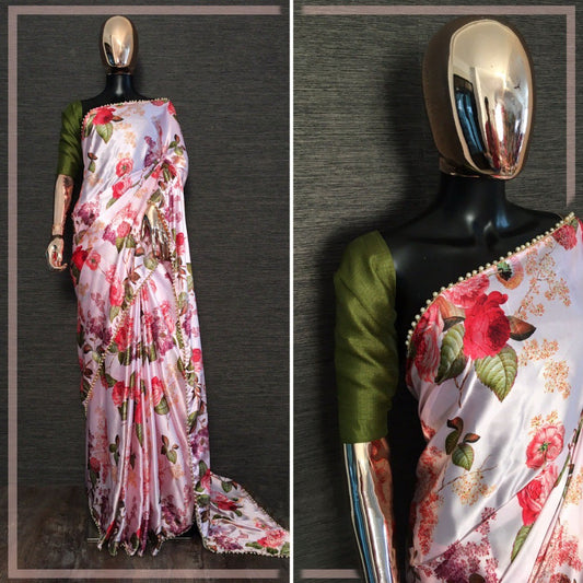 Light baby pink japan satin floral printed pearl border saree