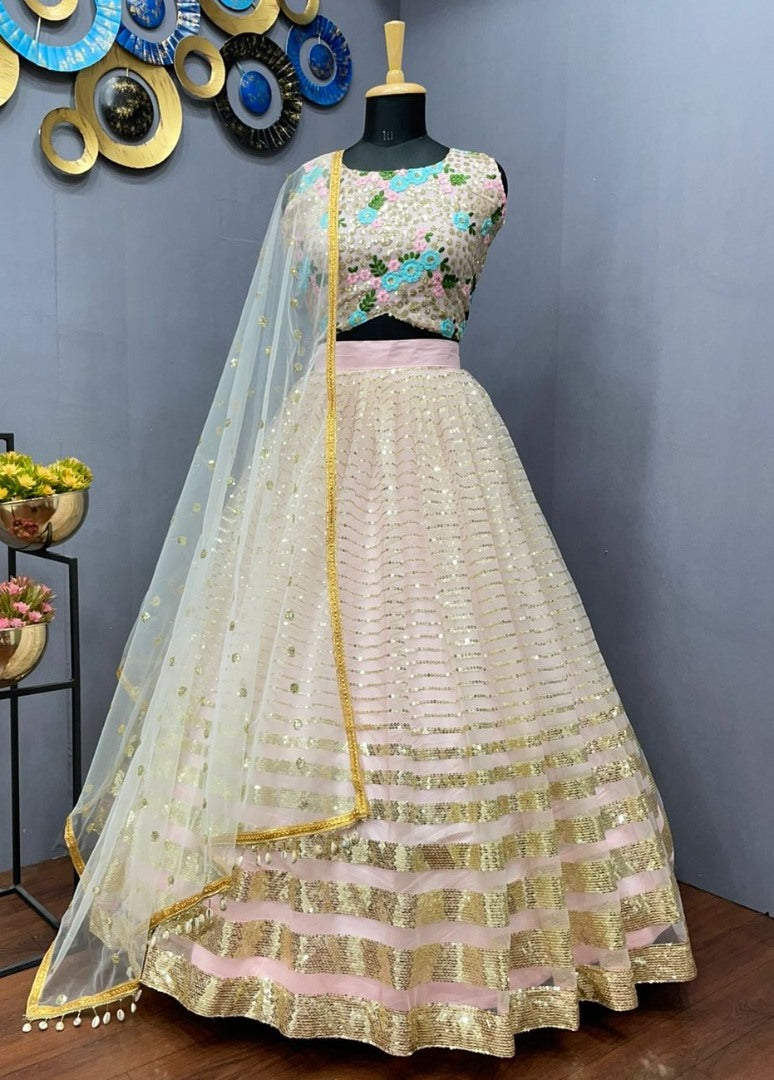 Light baby pink net heavy sequence work lehenga choli