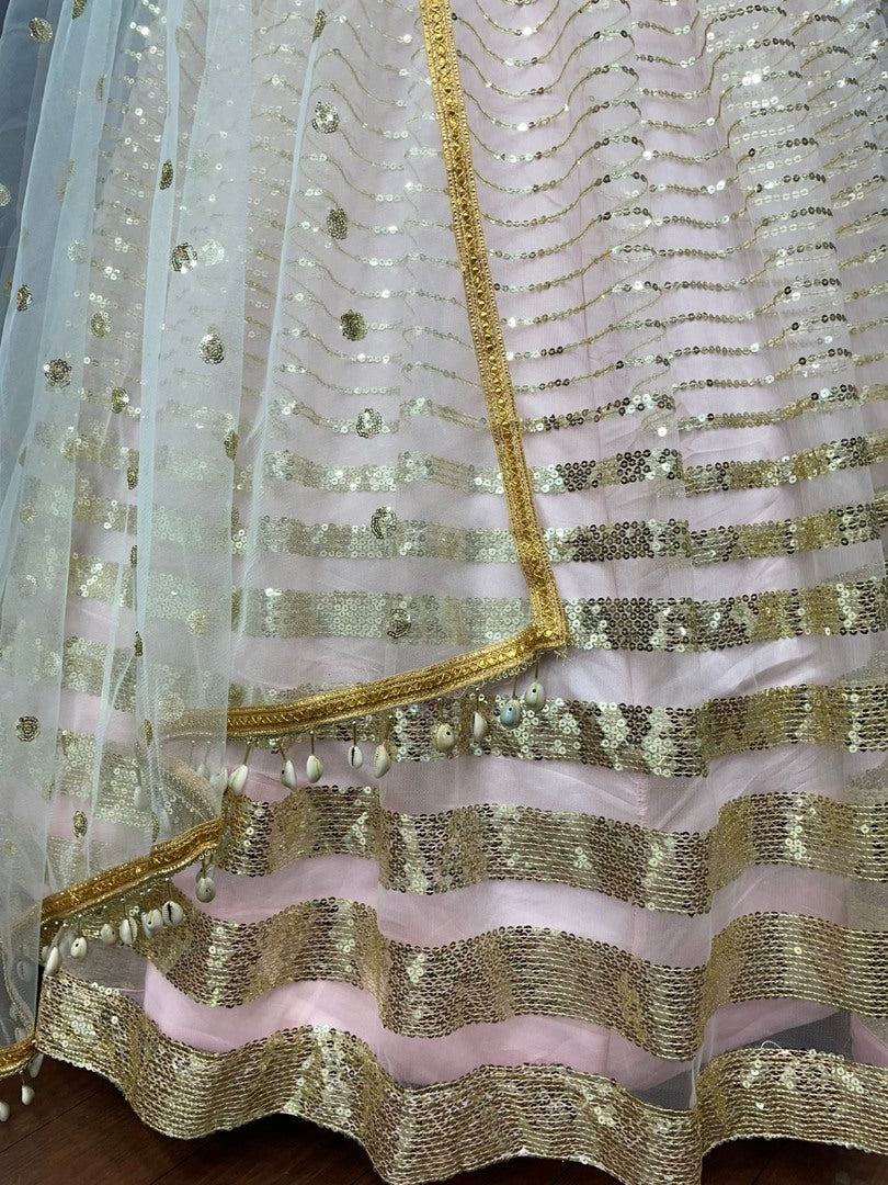 Light baby pink net heavy sequence work lehenga choli