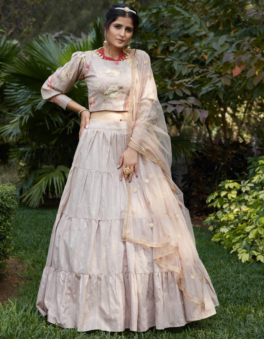 Light beige cotton jacquard weaving party wear lehenga choli