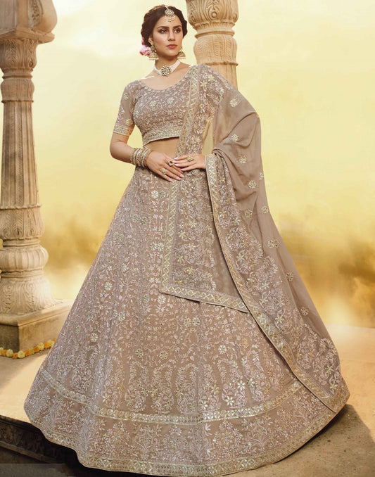 Light brown georgette zarkan thread work bridal lehenga choli