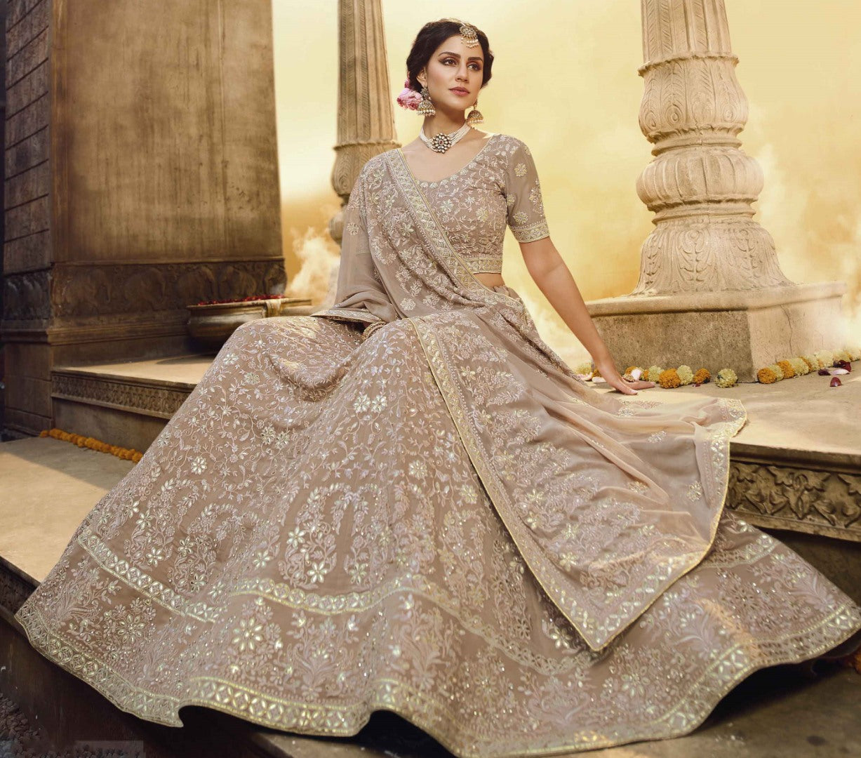 Light brown georgette zarkan thread work bridal lehenga choli