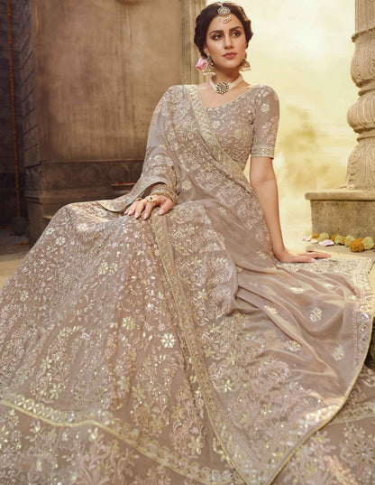Light brown georgette zarkan thread work bridal lehenga choli