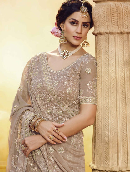 Light brown georgette zarkan thread work bridal lehenga choli