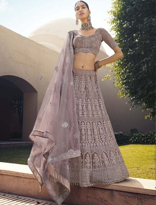 Light brown soft net sequence work bridal lehenga choli