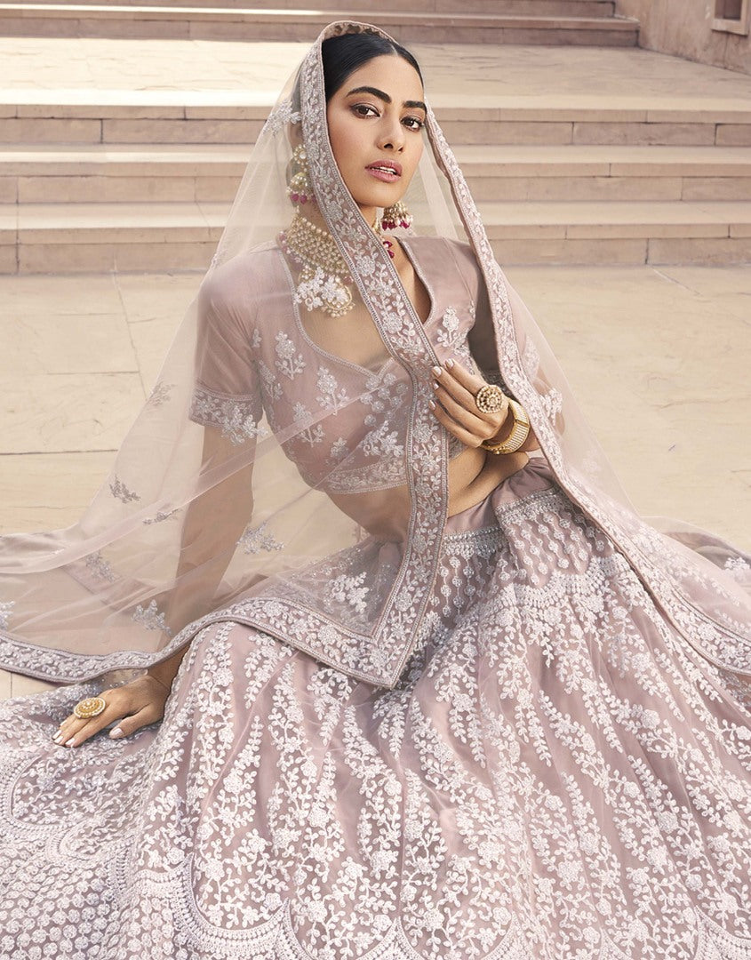 Light brown soft net sequence work bridal lehenga choli