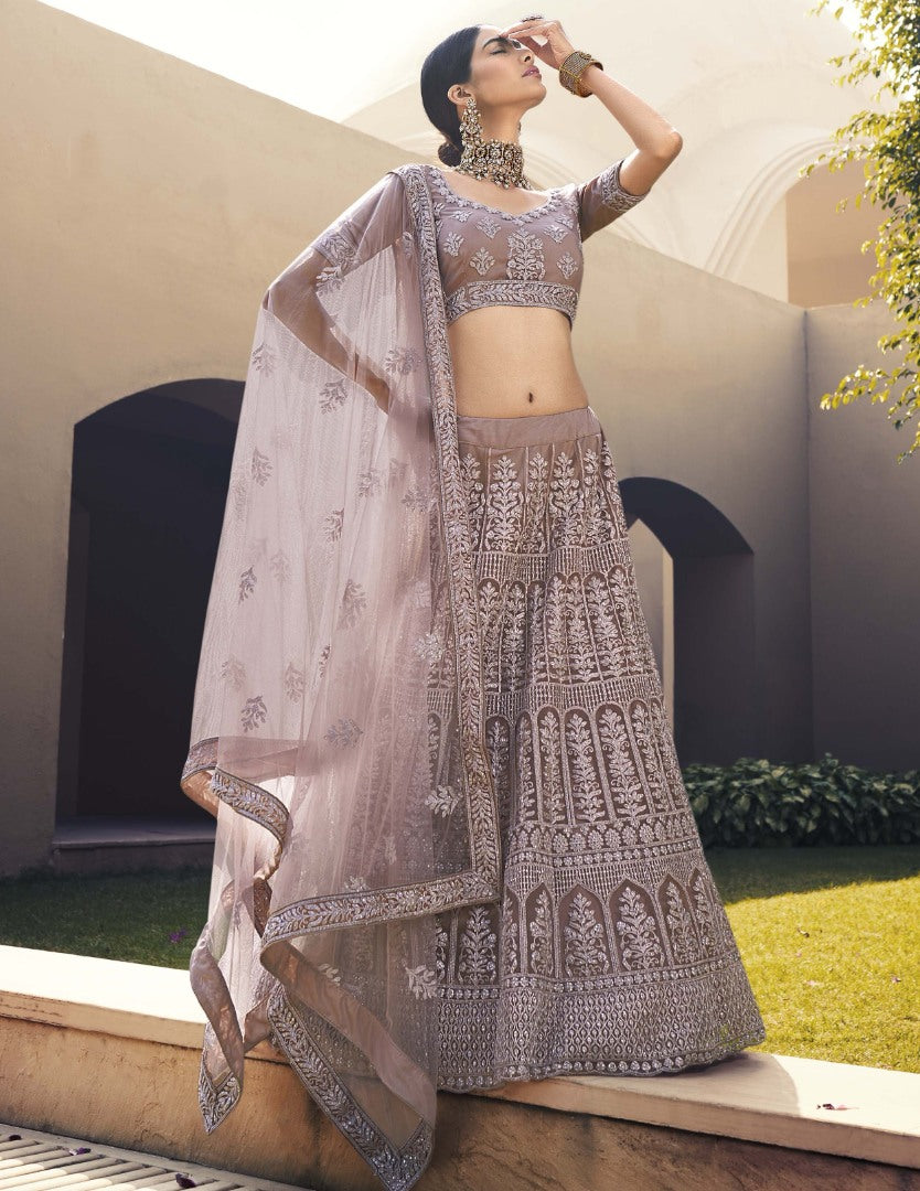 Light brown soft net sequence work bridal lehenga choli