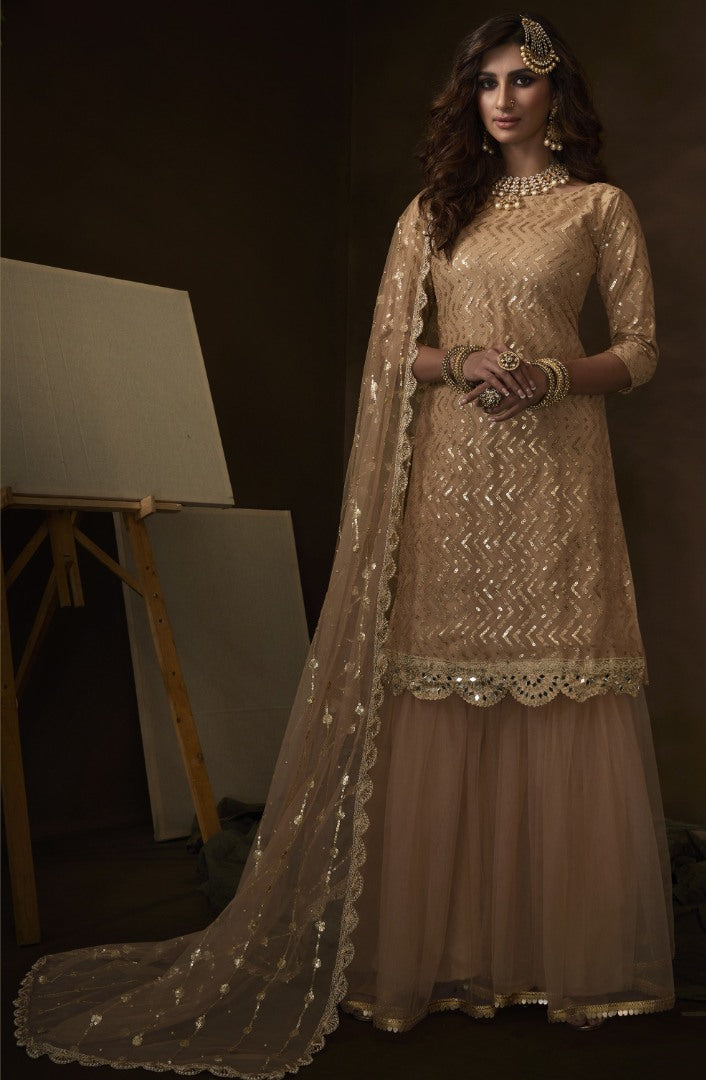 Light brown soft net sequence work ceremonial sharara salwar suit