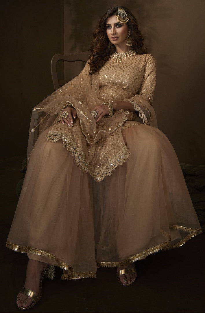 Light brown soft net sequence work ceremonial sharara salwar suit