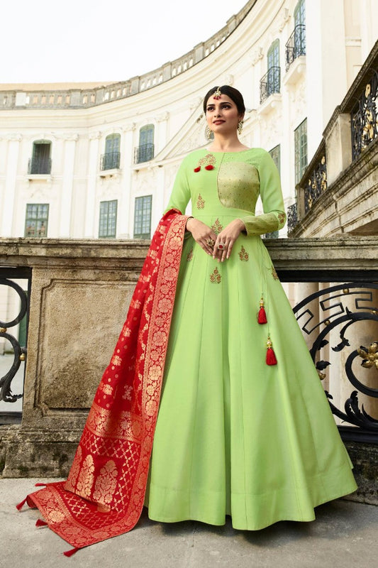 Light green art silk gown with pure banarasi silk dupatta