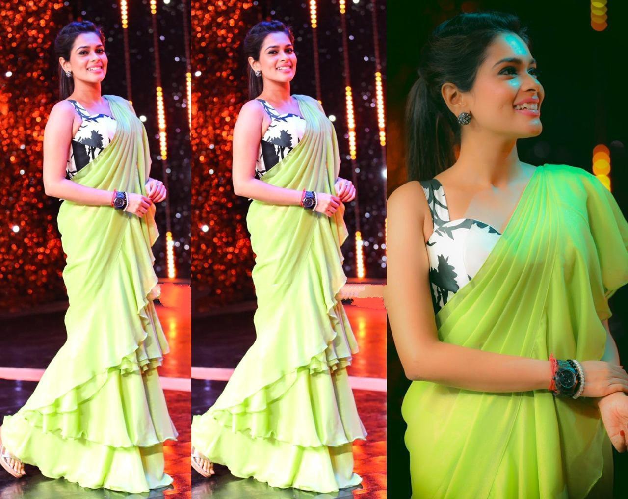 Light green georgette plain partywear ruffle saree