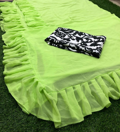 Light green georgette plain partywear ruffle saree