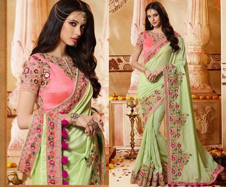 Light green georgette silk embroidered wedding saree