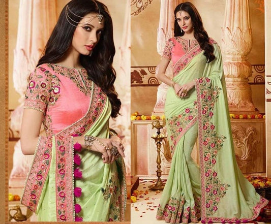 Light green georgette silk embroidered wedding saree
