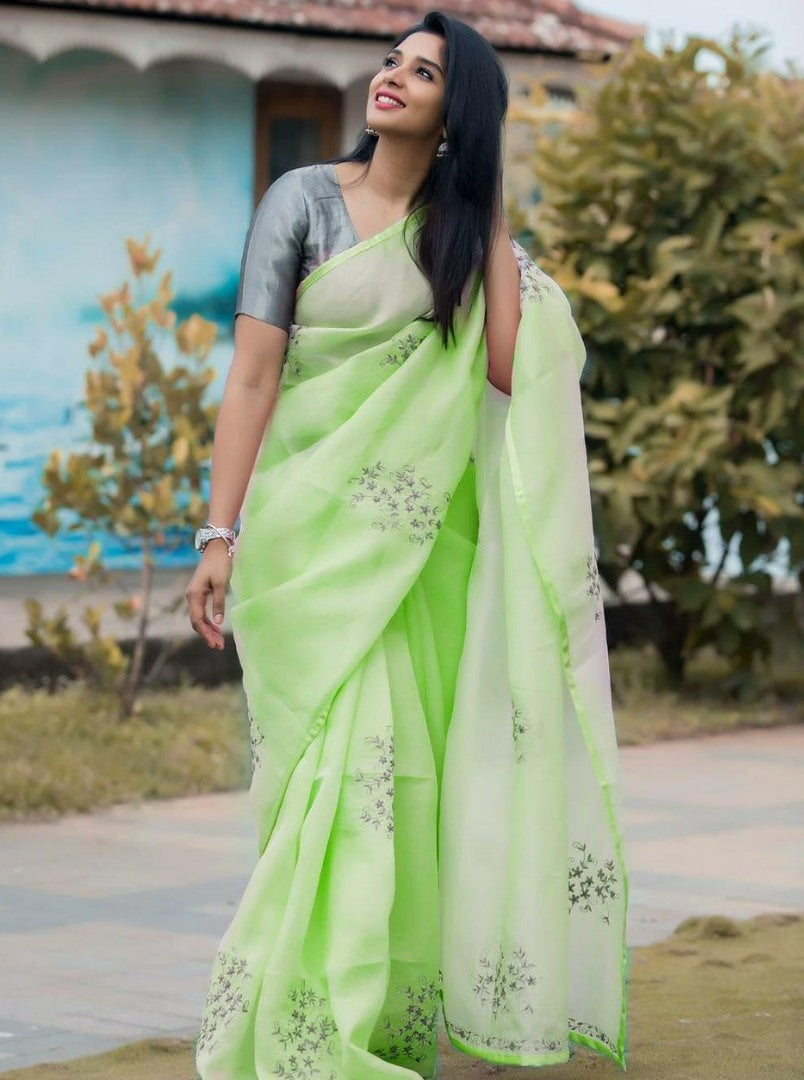 Light green heavy crushed silk coding flower work saree