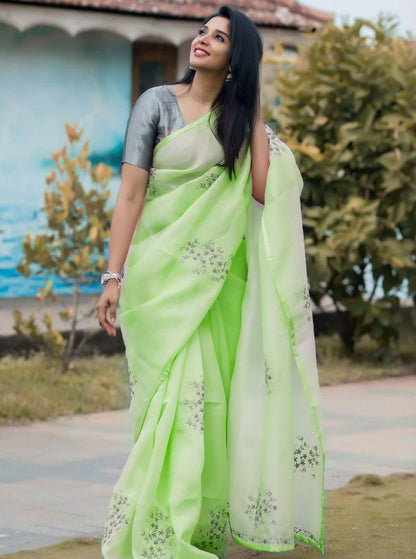 Light green heavy crushed silk coding flower work saree